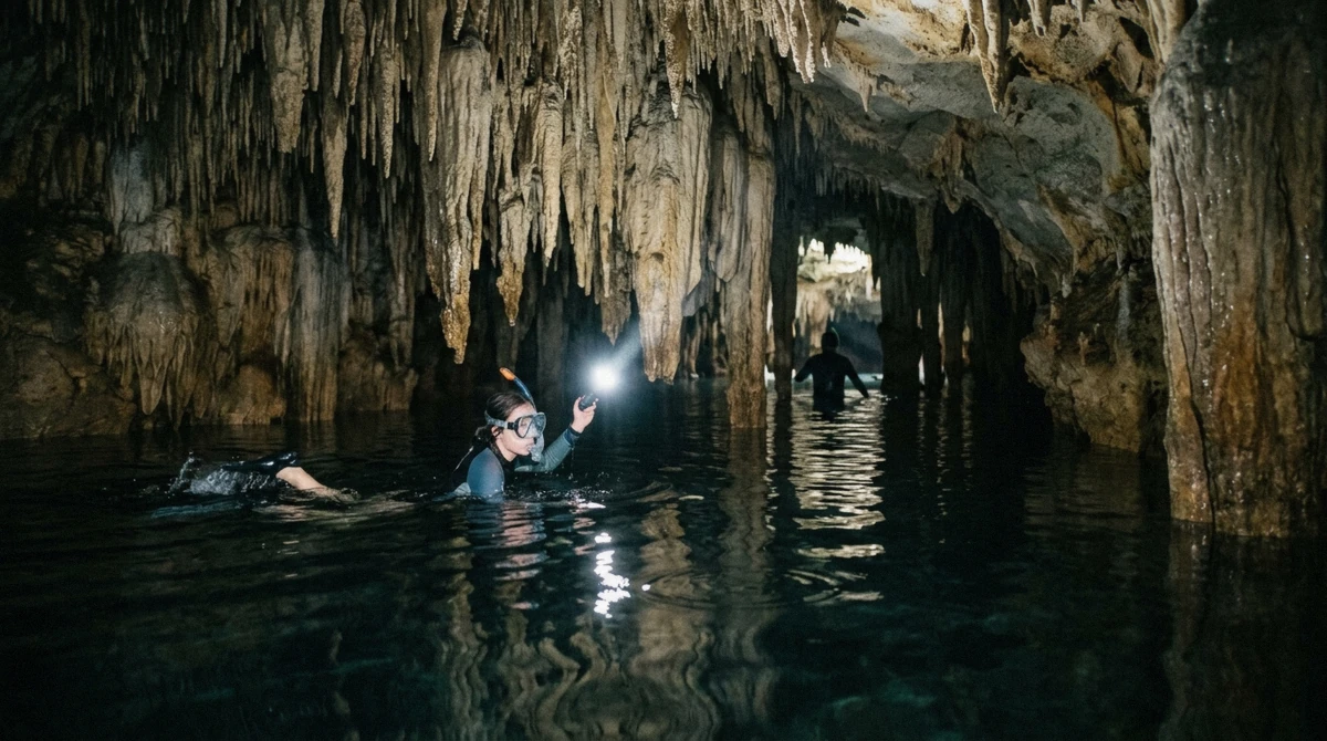A snorkeller with a waterproof lamp in a cave cenote on a 3 cenotes tour from Tulum