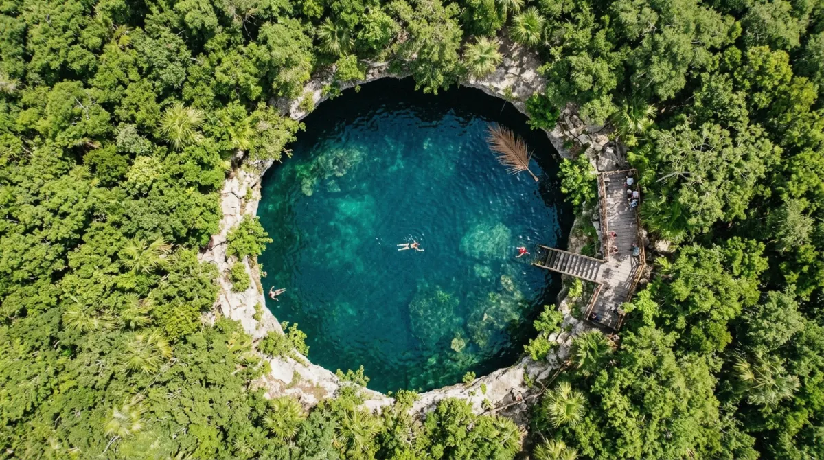 An open round cenote in the jungle near Tulum seen from above