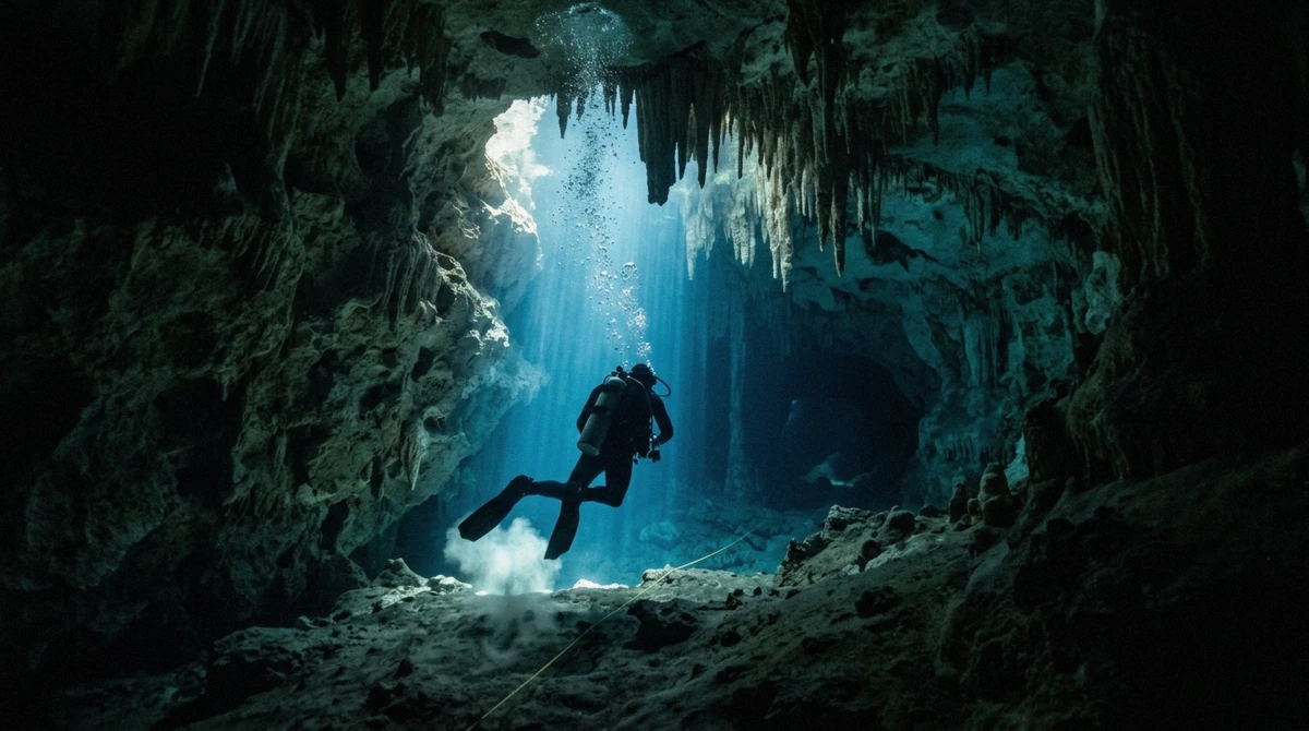 A diver in a shaft of daylight inside a flooded cavern on a cenote diving tour near Tulum